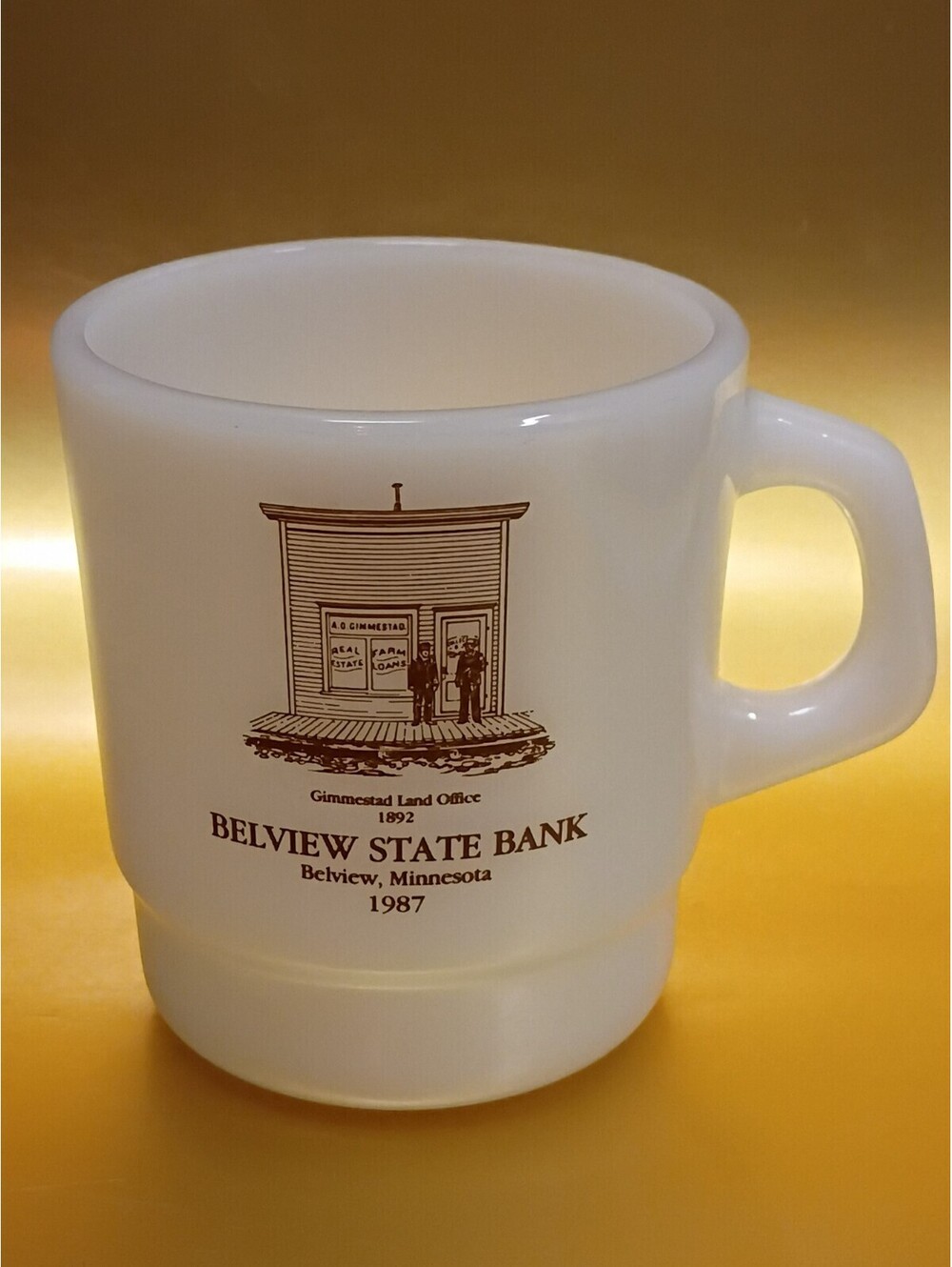 Vintage Galaxy White Milk Glass Coffee Mug Cup Advertising Belview State Bank 87